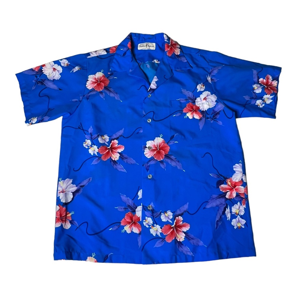 Vintage Hukilau Fashions Mens Hawaiian hibiscus Shirt Blue Floral Hawaii 70s